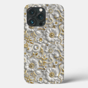 ホワイト金ゴールド装飾3Dフローラフローラ iPhone 13 PROケース