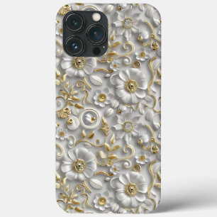 ホワイト金ゴールド装飾3Dフローラフローラ iPhone 13 PRO MAXケース
