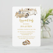 ホワイト金ゴールド車と花模様婚約パーティ 招待状 (スタンド正面)