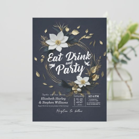 ホワイト金ゴールド食べフローラドリンク&パーティー結婚ズ 招待状 (スタンド正面)