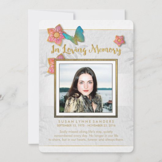 ホワイト金ゴールド&グレーバタフライメモリアル サンキューカード (正面)