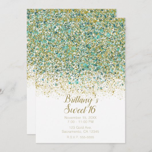 ホワイト金ゴールド&ティール(緑がかった色)グリッターモダンコースタルスウィート16 招待状 (正面/裏面)