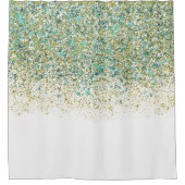 ホワイト金ゴールド&ティール（緑がかった色）ブルーグリッターモダンコースタルグラム シャワーカーテン (正面)