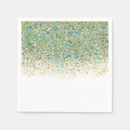 ホワイト金ゴールド&ティール（緑がかった色）ブルーグリッターモダンコースタルグラム スタンダードカクテルナプキン