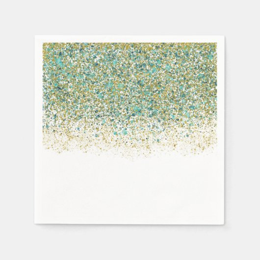 ホワイト金ゴールド&ティール（緑がかった色）ブルーグリッターモダンコースタルグラム スタンダードカクテルナプキン (正面)
