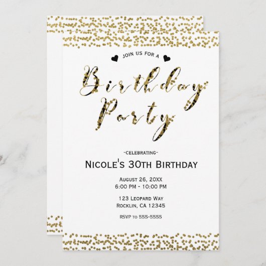 ホワイト金ゴールド&ブラックシックモダングラムバースデーパーティー 招待状 (正面/裏面)
