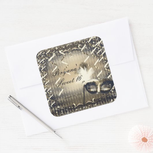 ホワイト金ゴールド&ブロンズマスカレードマスク誕生日パーティー スクエアシール (封筒)