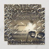 ホワイト金ゴールド&ブロンズマスカレードマスク誕生日パーティー 招待状 (正面/裏面)