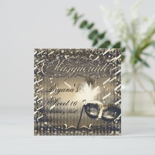 ホワイト金ゴールド&ブロンズマスカレードマスク誕生日パーティー 招待状 (スタンド正面)