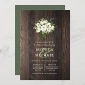 ホワイト開花ウッドブーケ結婚のリハーサルディナー 招待状 (正面/裏面)