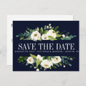 ホワイト開花ブルーフローラウェディング日付を保存 案内ポストカード (正面/裏面)