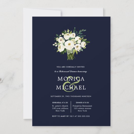 ホワイト開花ブルーブーケ結婚のリハーサルディナー 招待状 (正面)