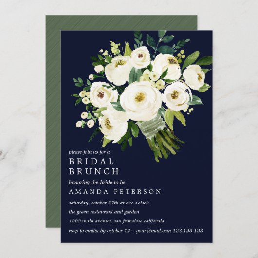 ホワイト開花ブルーブーケ結婚スブライダルブランチ 招待状 (正面/裏面)