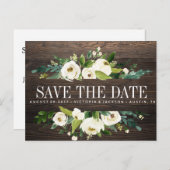 ホワイト開花木材フローラウェディング日付を保存 案内ポストカード (正面/裏面)