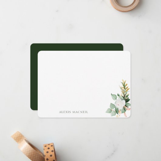 ホワイト開花緑の女性パーソナライズされた固定 ノートカード (正面/裏面インサイチュ)