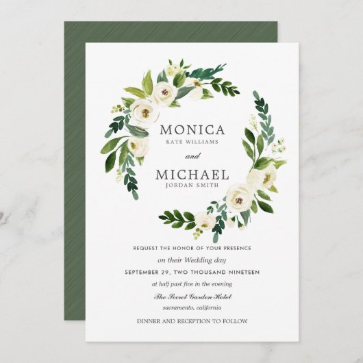 ホワイト開花 |エレガントフローラ結婚リース 招待状 (正面/裏面)
