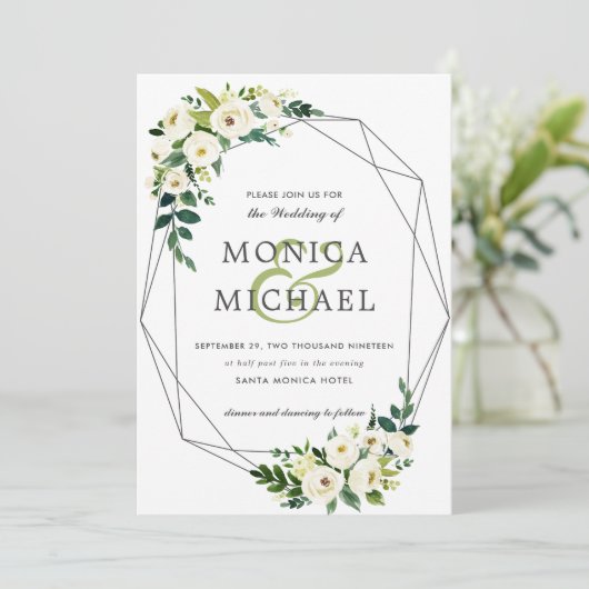 ホワイト開花 |フローラ幾何学植物結婚の 招待状 (スタンド正面)