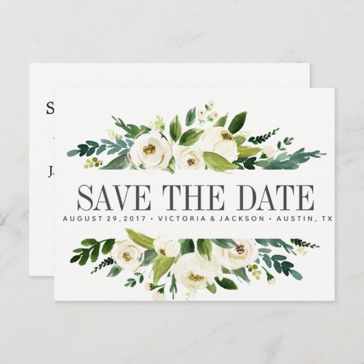 ホワイト開花 |フローラ素朴ウェディング日付を保存 案内ポストカード (正面/裏面)