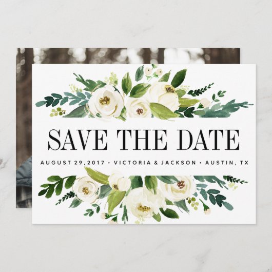 ホワイト開花 |フローラ結婚の写真の日付を保存 セーブザデート (正面/裏面)