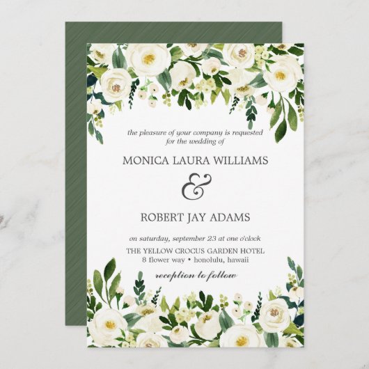 ホワイト開花 |白い花の素朴結婚な 招待状 (正面/裏面)