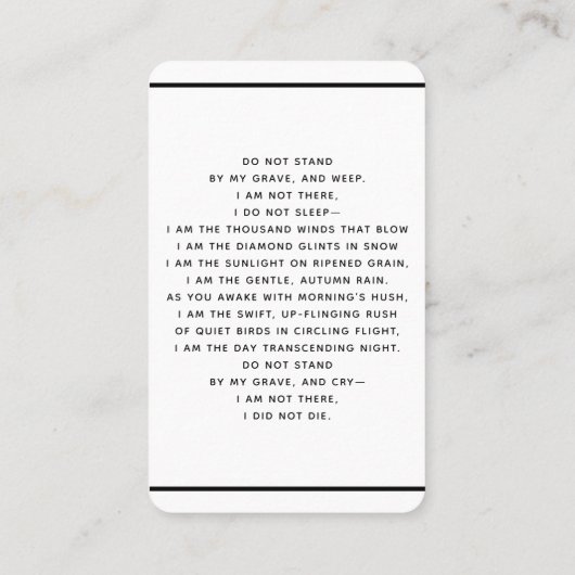 ホワイト黒カスタム写真葬儀祈りの言葉カード 名刺 (裏面)