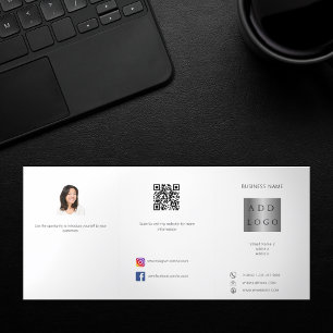 ホワイト黒写真ロゴQRコード事業パンフレット 三つ折りカード