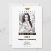 ホワイト黒金ゴールドモダン卒業写真パーティー 招待状 (正面)
