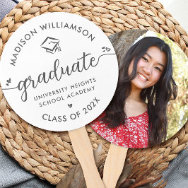 ホワイト1フォト卒業グレーのスクリプトハートキャップ ハンドファン