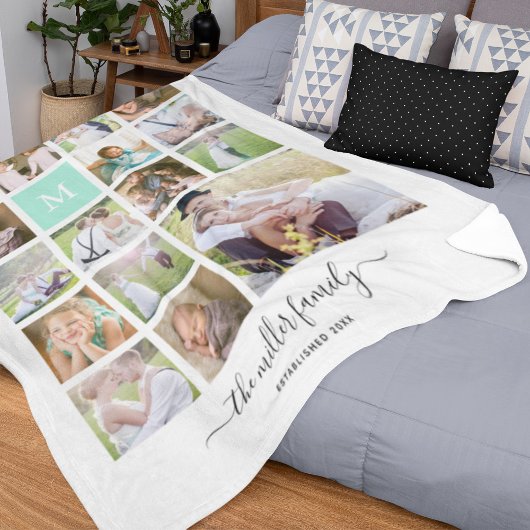 ホワイト16フォトコラージモノグラム名書道 フリースブランケット