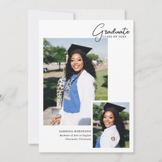 ホワイト2フォトスクリプトタイポグラフィ卒業 案内状 (正面)