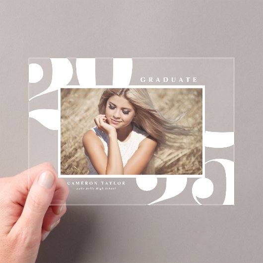 ホワイト2025はっきりしたタイポグラフィ写真卒業 アクリル招待状 (インサイチュ (ポータブル))