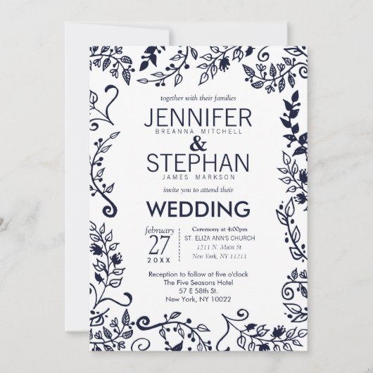 ホワイト·アエレガントンド·ネイビー·ブルー·フローラの結婚式招待 招待状 (正面)