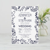 ホワイト·アエレガントンド·ネイビー·ブルー·フローラの結婚式招待 招待状 (スタンド正面)