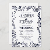 ホワイト·アエレガントンド·ネイビー·ブルー·フローラの結婚式招待 招待状 (正面/裏面)