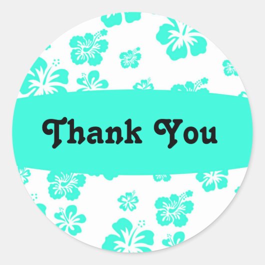 ホワイト&アクアハイビスカスフラワーフローラパーティーシール ラウンドシール (正面)