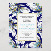 ホワイト、アクア、金ゴールドフォイルフローラネイビー結婚ブルー 招待状 (正面/裏面)