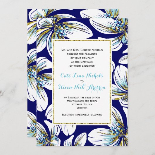 ホワイト、アクア、金ゴールドフォイルフローラネイビー結婚ブルー 招待状 (正面/裏面)