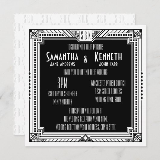 ホワイト&アニーカラーギャツビ素晴らしーアールデコ結婚ズ 招待状 (正面/裏面)