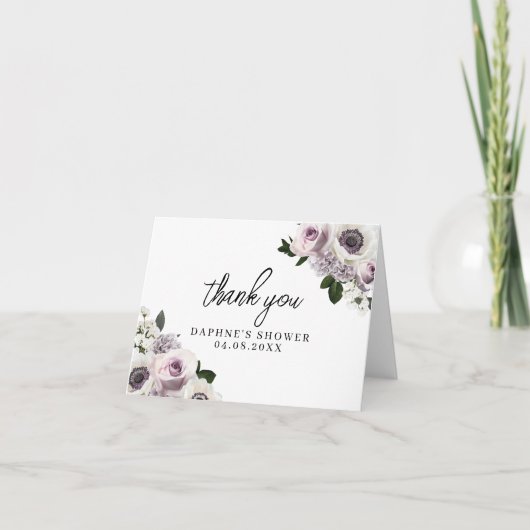 ホワイト アネモネ & パープル フラワーブライダルシャワー 折りたとう式 サンキューカード (正面)