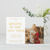 ホワイト アートデコ モダン フォト 新年 婚約 案内状 (スタンド正面)