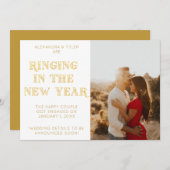 ホワイト アートデコ モダン フォト 新年 婚約 案内状 (正面/裏面)