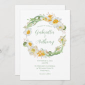 ホワイト&イエローダフォディルフローラリース結婚ズ 招待状 (正面/裏面)