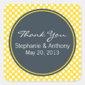 ホワイト、イエロー、および木炭の水玉模様ありがとう スクエアシール (正面)