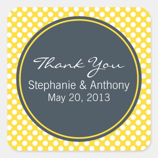 ホワイト、イエロー、および木炭の水玉模様ありがとう スクエアシール (正面)