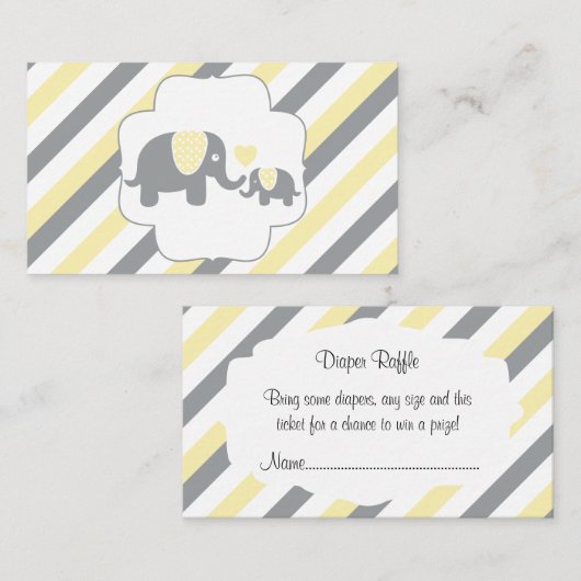 ホワイト、イエロー、グレーのストライプゾウおむつラッフル エンクロージャーカード (正面/裏面)