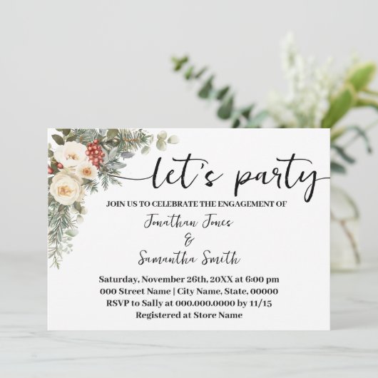 ホワイト ウィンター フラワーズ パーティー 婚約 招待状 (スタンド正面)