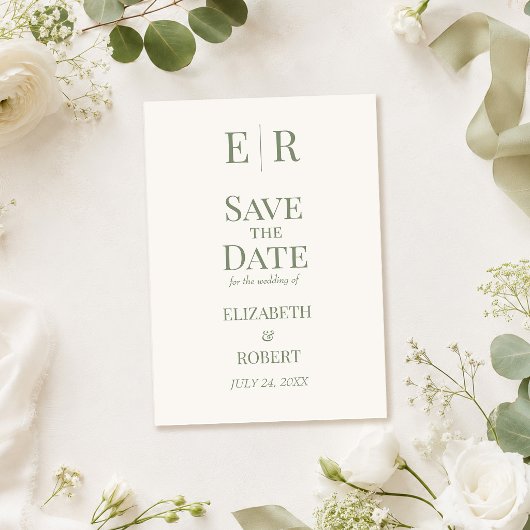 ホワイト&オリーブ モノグラム Save the Date カード