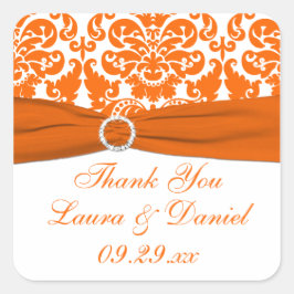 ホワイト、オレンジ色のダマスクの結婚式の好意ステッカー スクエアシール