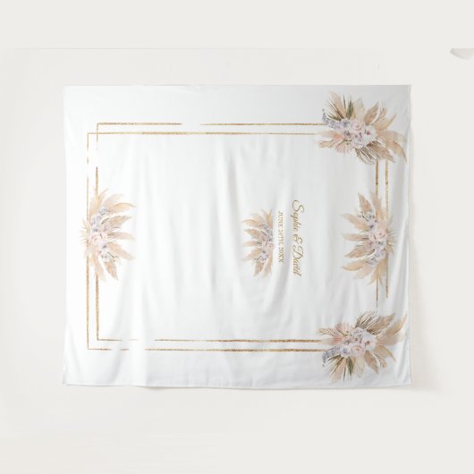 ホワイト オーキッド ローズ パンパス グラス フォト ブース ウェディング タペストリー (正面(横))