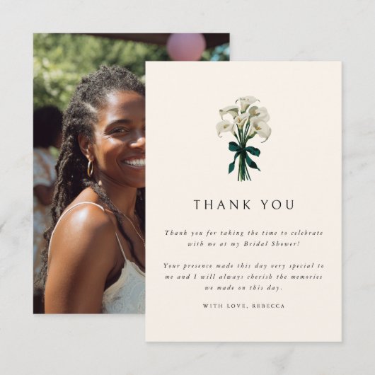 ホワイト カラーリリー エレガント フォト ブライダル シャワー サンキューカード (正面/裏面)